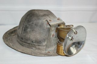 Antique Vintage Coal Miners Cap Hard Hat Justrite Carbide Lamp Leather Canvas