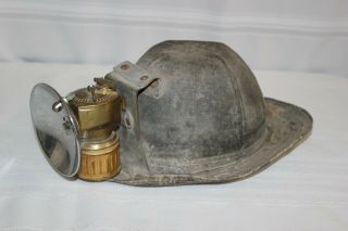 Antique Vintage Coal Miners Cap Hard Hat Justrite Carbide Lamp Leather Canvas 2