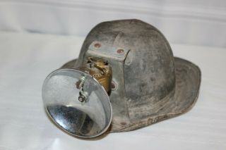 Antique Vintage Coal Miners Cap Hard Hat Justrite Carbide Lamp Leather Canvas 3