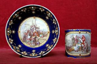 Antique Sevres Porcelain Jewelled Cup & Saucer,  Painted Scenes,  Rubies,  Pearls