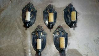 Circa 1920s Art Deco Period Wall Sconces Light Fixtures Cast Spelter Set Of 5