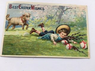 Antique Easter Vtg Postcard Germany Boy Spring Eggs Lamb Sheep Embossed
