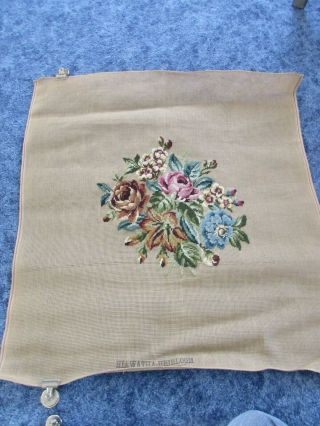 Vintage Needlepoint Finished Flowers Chair Seat Pillow Frame 17