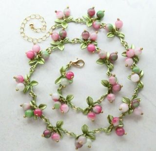 Vintage Art Deco Style Real Agate Stone Bead Blossom Berries Enamel Necklace