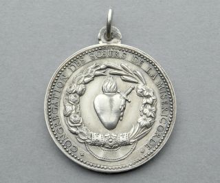 French,  Antique Religious Sterling Pendant.  Virgin Mary.  Sacred Heart.  By Penin.