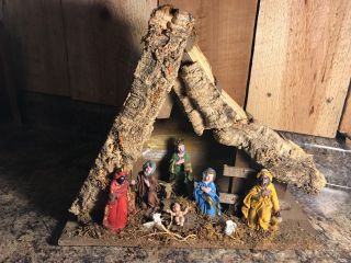 Vintage Lighted Preset Wooden Nativity Set Made In Italy