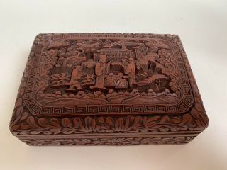 Vintage Chinese Hand Carved Red Lacquer Cinnabar Box Brass Trim
