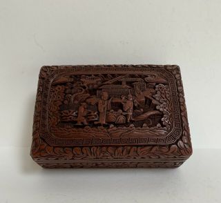 VINTAGE CHINESE HAND CARVED RED LACQUER CINNABAR BOX BRASS TRIM 2
