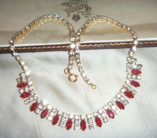 Vintage Jewellery 1950s Marquise Ruby Red Diamond Crystal Rhinestone Necklace