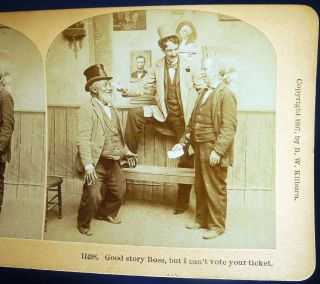 Antique Stereoview Card Black Americana Man Voting Abraham Lincoln Photo In Back