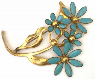 Vintage Flower Brooch Spray Pin Blue Enamel Brass Bronze Tone Metal Jewelry