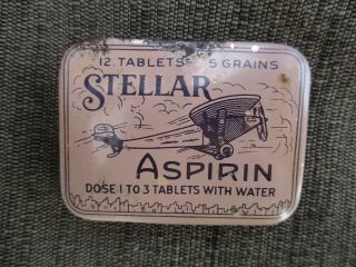 Old Antique Vintage Stellar Drug Co.  Aspirin Tin Can W Airplane Graphics