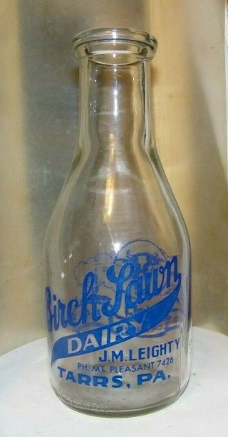 Vintage Milk Bottle - Birch Lawn Dairy J.  Leighty Tarrs,  Pa - Cows Head Qt Pyro