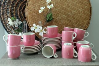 Set Of Fourteen Petite Vintage Tea Cups And Saucers From Syracuse China In Pink