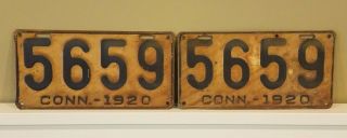 Antique 1920 Connecticut License Plate Pair 5659,  Yom Year Of Manufacture Cool