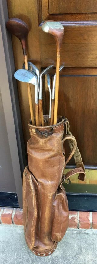 7 Antique Hickory Wood Shaft Golf Clubs And All Leather Bag Man Cave Gift