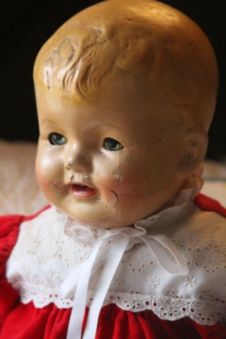 1920s Big 25 " Antique Composition Baby Girl Doll With Teeth In Christmas Dress