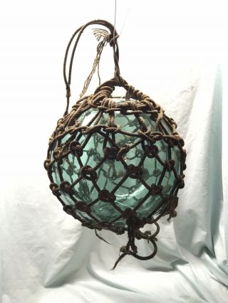 Large Antique Vintage Japanese Roped Glass Fishing Float Buoy Ball W/net