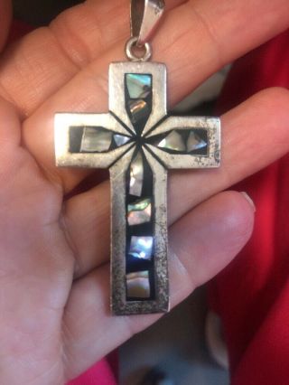 Vintage Sterling Designer Signed Taxco Mexico Large Cross Pendant Abalone Inlay