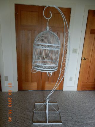 Vintage Wrought Iron White Bird Cage And Stand