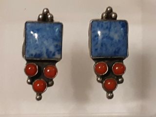 Vintage Navajo James Shay Turquoise,  Red Coral,  Sterling Silver Earrings