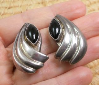 Vintage 925 Silver Large Black Onyx Clip On Earrings Taxco Mexico Sterling 14.  7g