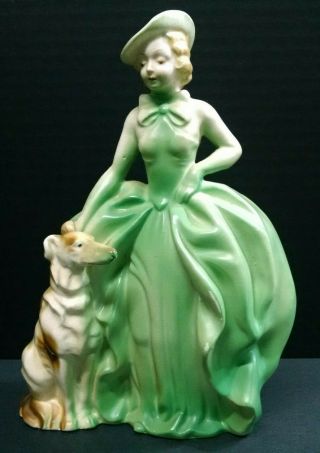 Vintage Porcelain Lady In Green Dress With Dog Figurine,  Japan,  Roughly 8 " Tall