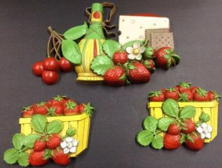 Vintage Wall Decor Kitchen Garden Set Of 3 Fruits Strawberries & Cherry Summer