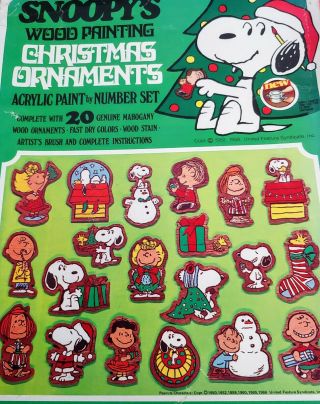 Vintage Snoopy Peanuts Paint By Number Christmas Mahogany Wood Ornaments Kit Diy