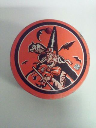 Vintage Halloween Tin Litho Noisemaker U.  S.  Metal Toy Witch,  Owl,  Bats,  Pumpkin