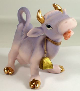 Vtg 1960s Pink Purple Porcelain Bisque Cow Farm Figurine W Bell Gold Japan