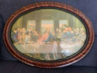 Vintage Tiger Oak Oval Frame With Bubble Glass.  Last Supper Picture,  22 1/2 X 17