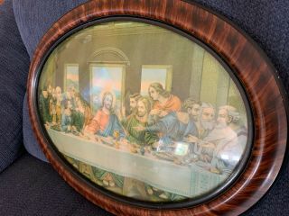 Vintage Tiger oak Oval frame with bubble glass.  Last supper picture,  22 1/2 x 17 3