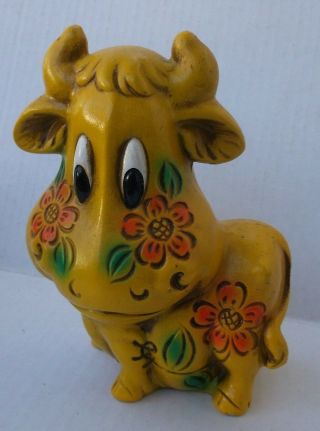Vtg 1960s 1970 Chalkware Ceramic Bank Carnival Prize Flower Power Cow Made Japan