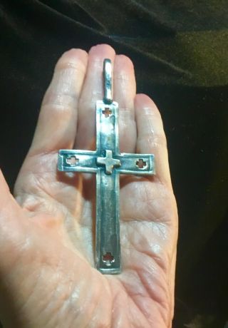 Huge Primative Antique Hammered 925 Hand Crafted Cross Pendan 4 5/8 Inches