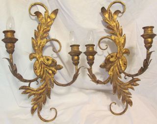 Vintage Gold Gilt Tole Metal Hollywood Regency 2 Arm Wall Sonce Light Lamps Pair