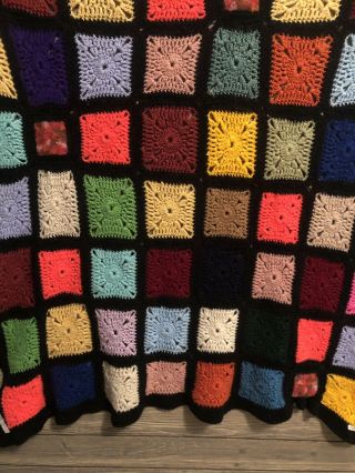 Vtg Granny Square Black Small Crochet Throw Afghan Blanket 45 " X 36 " Multi Color