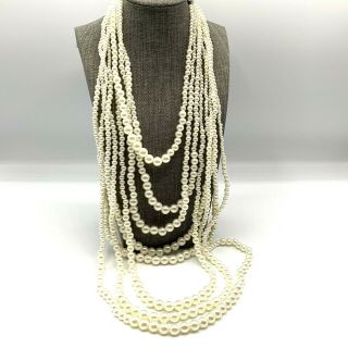 Vtg Wedding Multi - Strand Layer Imitation Pearl Bead Long Necklace Creamy White