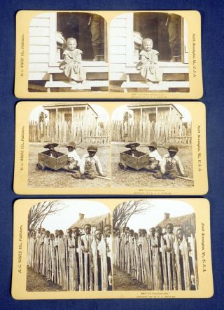 3 Antique Photo Stereoview Cards H.  C.  White Co.  Black Americana Children Racist