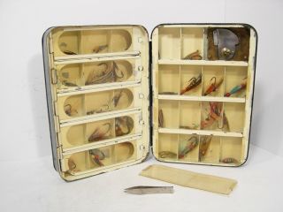 Rare Vintage Antique Hardy Japanned The Atwood Fly Box & Vintage Sea Trout Flies