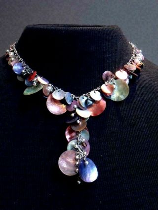 Vintage Silvertone Mother Of Pearl Shell Drop Necklace