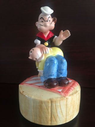 Vintage Popeye & Sweet Pea Ceramic Music Box Plays “i’m Popeye The Sailor Man”
