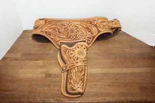 Vtg Cow Leather Western Holster & Belt,  W/ Intricate Hand Tooled Design