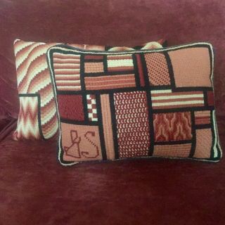 Vintage Needlepoint Pillows Geometric Velvet Backing Set/2