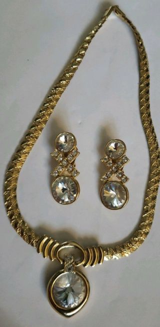 Vtg Designer Gold Tone Crystal Choker Necklace And Earrings (inv 02)