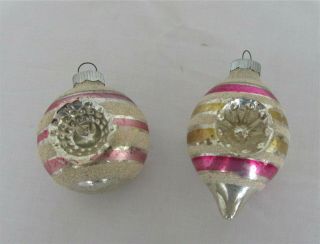 2 Vintage Shiny Brite Mica Pink Stripe Double Sided Indented Christmas Ornaments