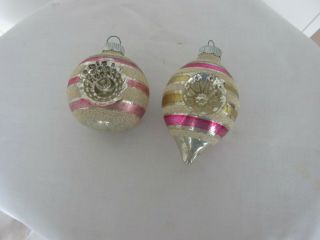 2 Vintage Shiny Brite Mica Pink Stripe Double Sided Indented Christmas Ornaments 2