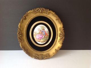 Porcelain Vintage Cameo Fragonard Gilt Framed Courting Couple Wall Mount10 " X12 "