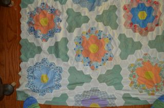 Vintage Grandmother ' s Garden quilt top with feedsacks depression floral green 2