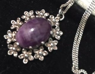 Vintage Arts And Crafts Silver Jewellery Amethyst Flower Pendant & Chain
